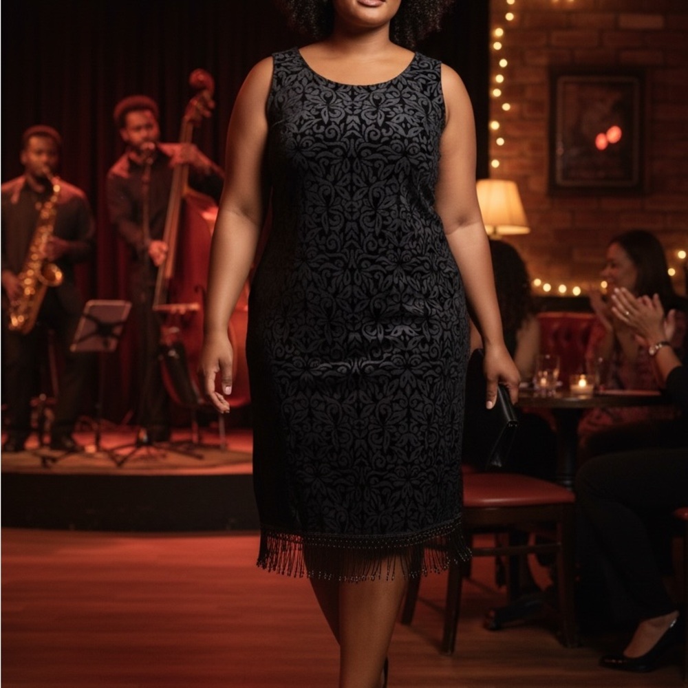 Style & Co. Black Velvet Burnout Sleeveless Sheath Dress with Tassel Fringe - Picture 2 of 8